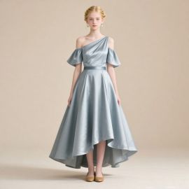 Elegant Light Blue One - Shoulder Satin Dress with Ruffled Sleeves & High - Low Hem