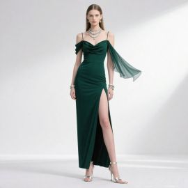 Elegant Emerald Green Off - Shoulder Gown with High Slit & Flowy Sleeve Design