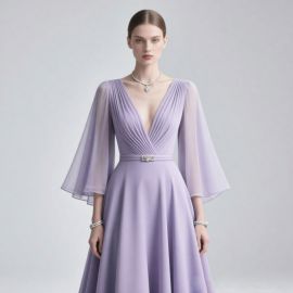 Lavender Deep V-Neck Pleated Chiffon Sleeves Elegant Evening Dress