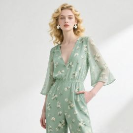 Light Green Floral Print Jumpsuit - V-Neck Bell Sleeve Women's Romper