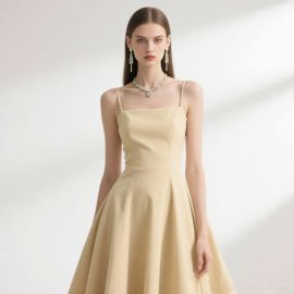 Elegant Pale Yellow Spaghetti Strap Square Neck A - Line Midi Dress - Minimalist Chic Style