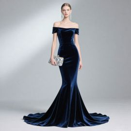 Elegant Navy Velvet Off - Shoulder Mermaid Evening Gown with Train