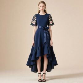 Navy Blue Lace Floral Sleeve Asymmetric Hem Midi Dress with Bow Waist