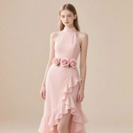 Elegant Pink Mock Neck Sleeveless Dress with 3D Rose Belt & Asymmetric Ruffles