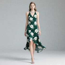 Elegant Green Floral Halter High-Low Hem Midi Dress - Chic Summer Style
