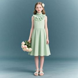 Mint Green Girls Sleeveless Dress with Ruffled Neckline - Chic Summer Occasion Wear