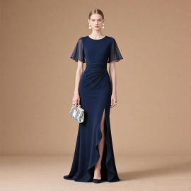 Elegant Navy Blue Evening Gown with Chiffon Sleeves & High Slit - Formal Occasion Dress