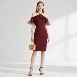 Burgundy Off - Shoulder Ruffled Midi Dress | Elegant Party Evening Wear