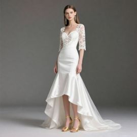 Elegant White Mermaid Wedding Dress with Lace Sleeves & High-Low Hem Design
