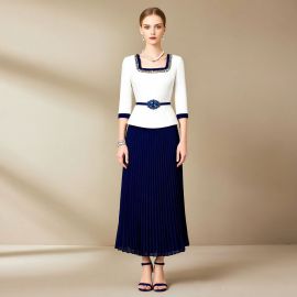 Elegant Women's Two-Piece Set: White Beaded Collar Top & Navy Pleated Long Skirt for Formal Events