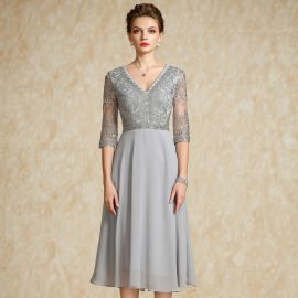 Elegant Gray V - Neck Lace Midi Dress with Three - Quarter Sleeves