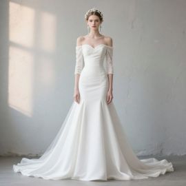 Elegant Off - Shoulder Mermaid Wedding Dress with Lace Sleeves