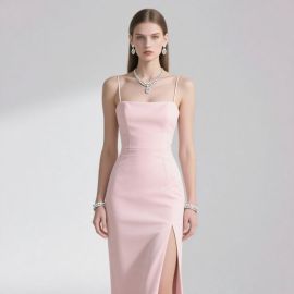 Elegant Pink Spaghetti Strap Bodycon Dress with High Slit - Chic Evening Gown