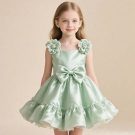 Mint Green Girl's Dress: Flower Shoulder Decor, Big Bow & Ruffled Skirt Party Gown
