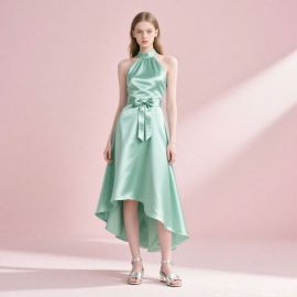 Mint Green Satin High - Low Hem Bow Belt Elegant Midi Dress