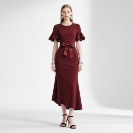 Elegant Burgundy Mermaid Dress: Ruffled Sleeves & Bow Belt for Formal Occasions