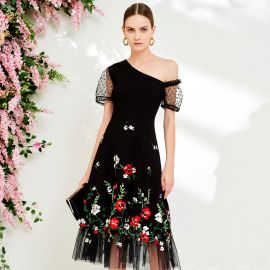Elegant Black One - Shoulder Midi Dress with Floral Embroidery & Mesh Details for Women