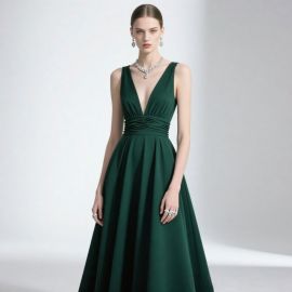 Elegant Emerald Green Deep V-Neck Gown with Cinched Waist | Formal Evening Dress