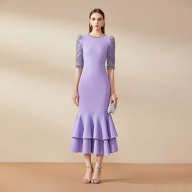 Purple Mermaid Midi Dress with Lace Sleeves & Tiered Skirt - Elegant Women's Fashion