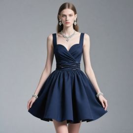 Elegant Navy Blue Short Prom Dress with Ruched Waist & Sweetheart Neckline