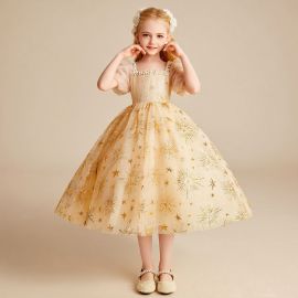 Elegant Girls' Gold Star Print Ball Gown with Pearl Accents - Ideal for Parties & Special Events