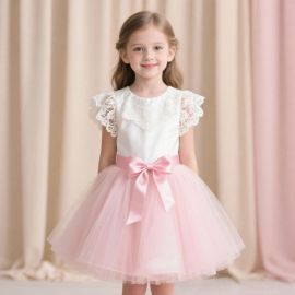 Adorable Girls' Dress: Lace Collar, Tulle Skirt & Big Bow Belt for Princess Look