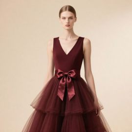 Elegant Burgundy V - Neck Tulle Dress with Bow Belt for Formal Occasions