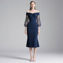 Elegant Navy Blue Off - Shoulder Mermaid Midi Dress with Lace Sleeves