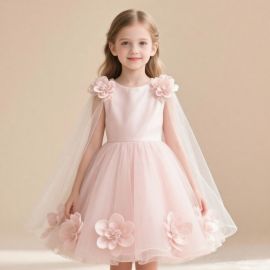 Elegant Pink Flower Girl Dress with Tulle Cape | Princess Formal Wear for Kids