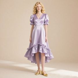Lavender Satin High-Low Ruffle Dress with Puff Sleeves