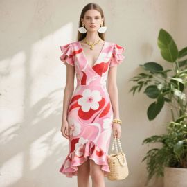 Elegant Pink Red Floral Ruffled V-Neck Midi Dress - Summer Fashion