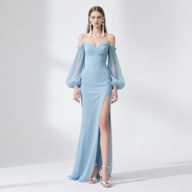 Light Blue Off - Shoulder Puff Sleeve High Slit Evening Gown
