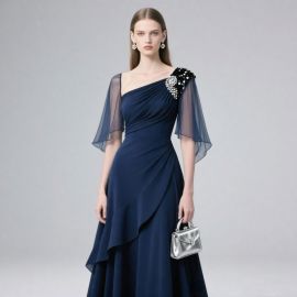 Navy Blue One - Shoulder Evening Dress with Beaded Detail & Sheer Sleeves