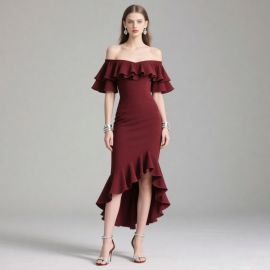 Elegant Burgundy Off - Shoulder Ruffled High - Low Hem Mermaid Evening Dress