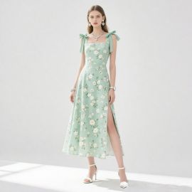 Mint Green Floral Bow - Shoulder Maxi Dress with Side Slit - Elegant Summer Style