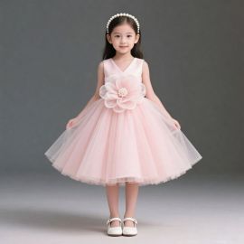 Pink Tulle Flower Girl Dress: V-Neck Sleeveless Princess Gown for Kids
