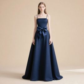 Elegant Navy Blue Bowknot Spaghetti Strap Floor - Length Evening Gown