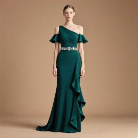 Emerald Green One - Shoulder Evening Gown with Ruffled Sleeves & Beaded Waistband