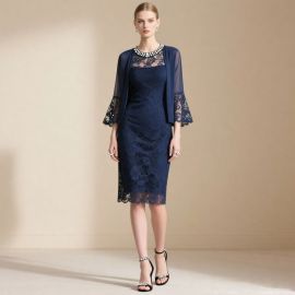 Elegant Navy Blue Lace Midi Dress with Beaded Collar & Sheer Shawl