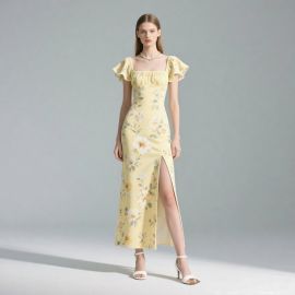 Elegant Yellow Floral Maxi Dress: Square Neck, Flutter Sleeves, High Slit Design