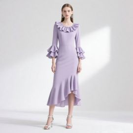 Lavender Ruffled Collar Flared Sleeve Asymmetric Hem Midi Dress