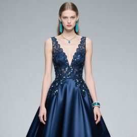 Navy Blue Lace Sequined Formal Evening Gown - Elegant Prom Dress