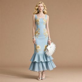 Light Blue Floral Embroidered Ruffled Hem Evening Gown - Elegant Formal Dress