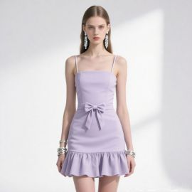 Lavender Spaghetti Strap Mini Dress with Bowknot Waist & Ruffled Hem