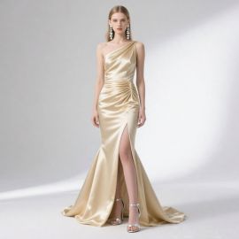 Elegant One - Shoulder Satin Mermaid Evening Gown with High Slit - Chic Formal Dress