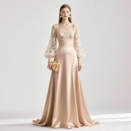 Elegant Champagne Satin Gown with Lace Sleeves & Embroidery - Formal Evening Dress