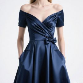 Elegant Navy Blue Off - Shoulder Satin Dress with Bow & Pocket for Evening Party