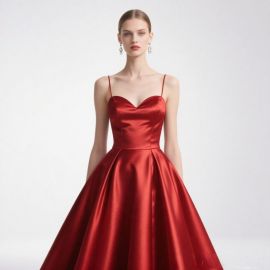 Elegant Red Satin Spaghetti Strap Ball Gown Evening Dress for Women