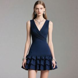 Elegant Navy Blue Sleeveless V-Neck Ruffled Hem Mini Dress