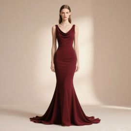 Burgundy Mermaid Cowl Neck Evening Gown - Elegant Formal Dress